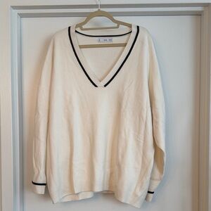 Mango White/Cream V-Neck Sweater with Black Accents